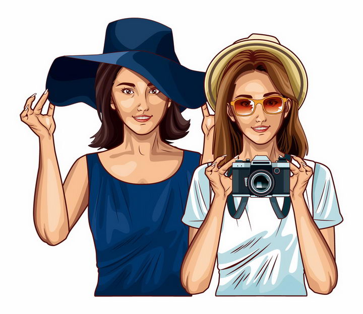 两个戴着草帽的美女拿着照相机正在拍照png图片免抠矢量素材 人物素材-第1张