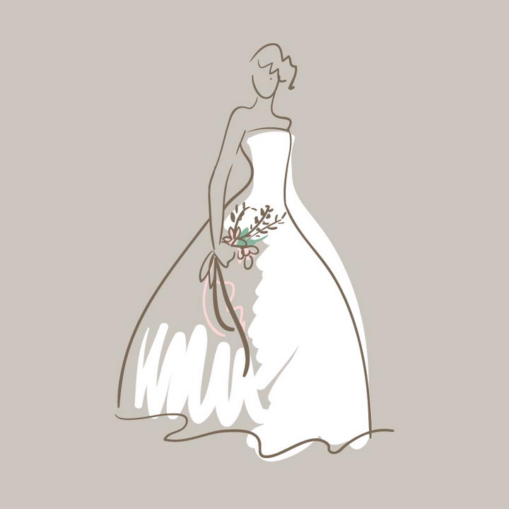 手绘线条素描风格身穿白色婚纱的新娘png图片免抠矢量素材 人物素材-第1张