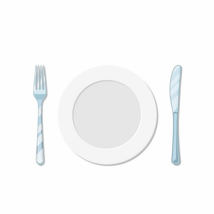 俯视视角的空白盘子瓷器和淡蓝色的刀叉西餐用具png图片免抠矢量素材 生活素材-第1张