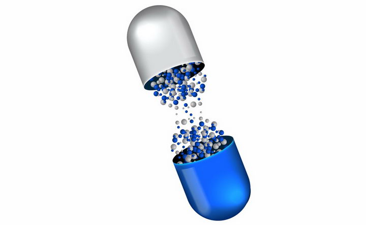 开的蓝色胶囊中露出的蓝色灰色药物分子png图片免抠EPS矢量素材 健康医疗-第1张