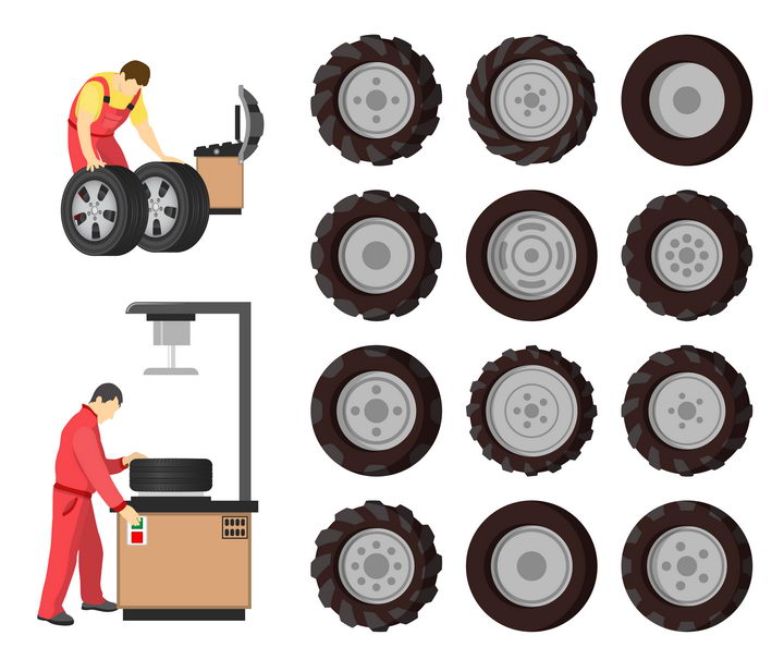 各种汽车卡车拖拉机轮胎和换轮胎的汽修工人png图片免抠矢量素材 交通运输-第1张