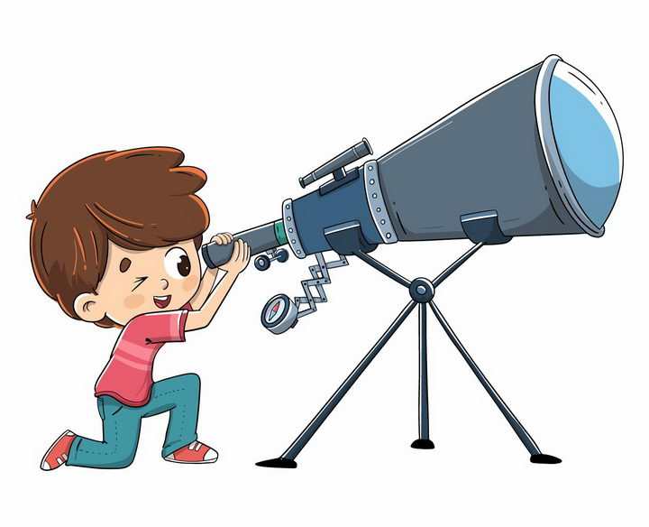 正在用天文望远镜观测的卡通小男孩png图片免抠矢量素材