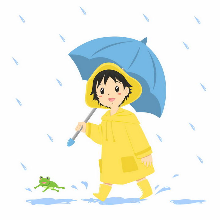 打着雨伞身穿黄色雨衣的小朋友在下雨天走路png图片免抠eps矢量素材