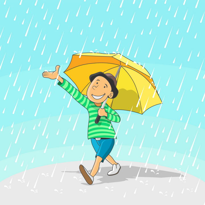 下雨时候在大雨中打着黄色雨伞的卡通年轻人png图片免抠eps矢量素材 人物素材-第1张