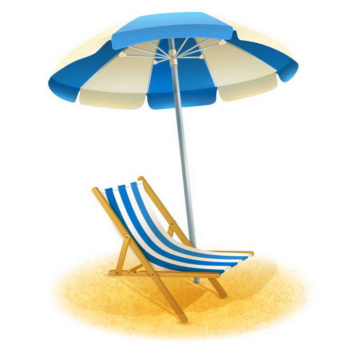 蓝白色遮阳伞和沙滩躺椅海边旅游png图片免抠eps矢量素材