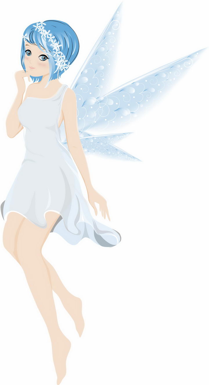 蓝头发长着翅膀的精灵族卡通美少女png图片免抠矢量素材 人物素材-第1张