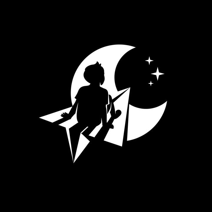 黑白色男孩坐在纸飞机上飞向月球实现他的梦想logo设计方案png图片免抠eps矢量素材 标志LOGO-第1张