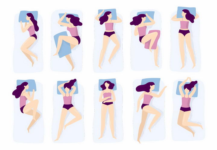 10款扁平插画风格女孩睡觉姿势在床上的各种睡眠姿势p