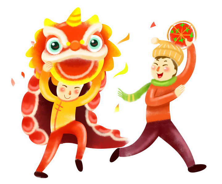 新年春节两个卡通手绘舞狮子的年轻人png图片免抠素材 节日素材-第1张