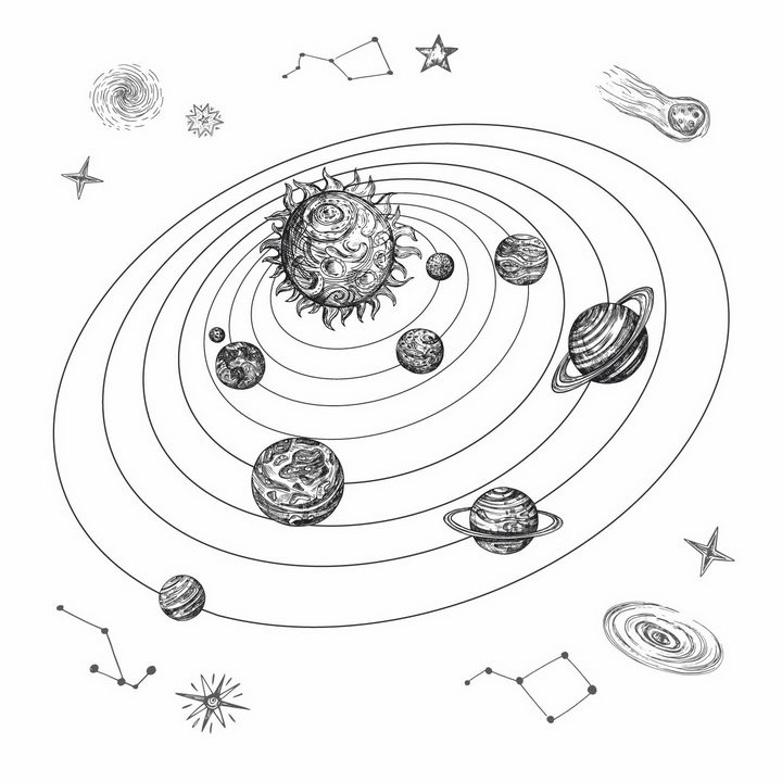 手绘素描涂鸦风格太阳系示意图png图片免抠eps矢量素材 科学地理-第1张