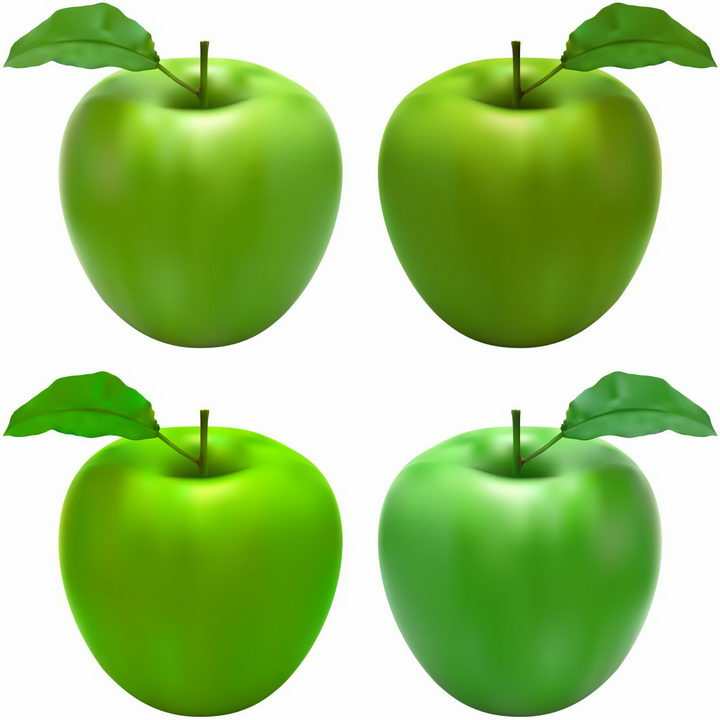 4种不同角度带叶子的青苹果美味水果png图片免抠EPS矢量素材