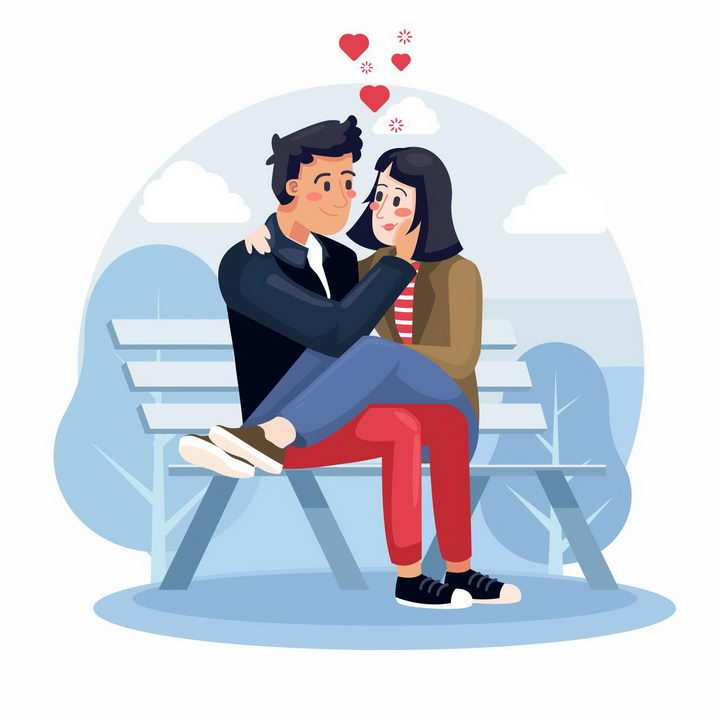 扁平插画风格坐在男朋友怀里的女孩情侣情人节长椅png图片免抠eps矢量素材