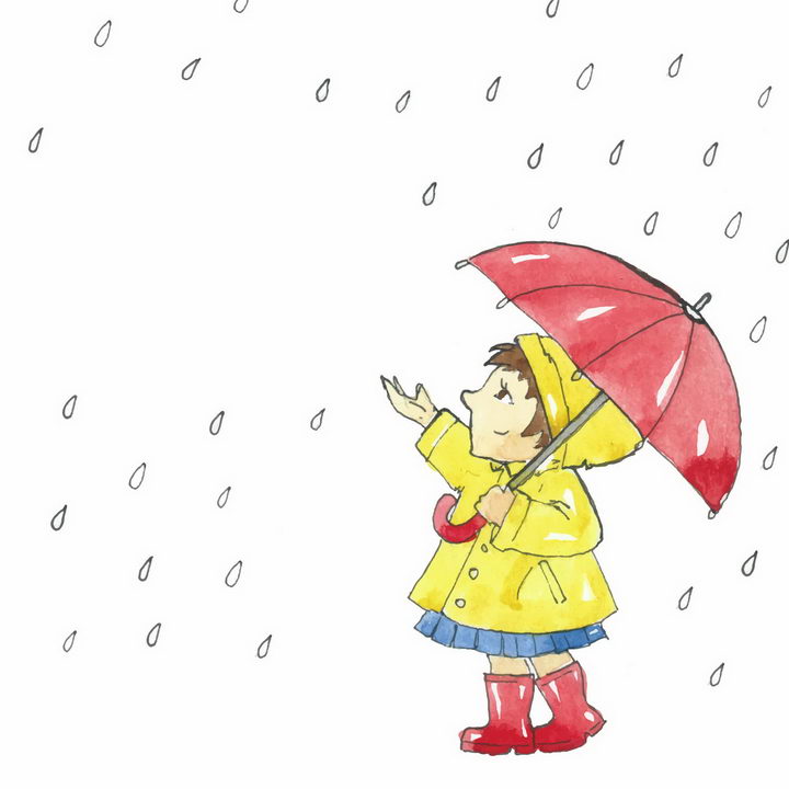 手绘卡通黄衣女孩打着雨伞在查看下雨的情况png图片免抠eps矢量素材