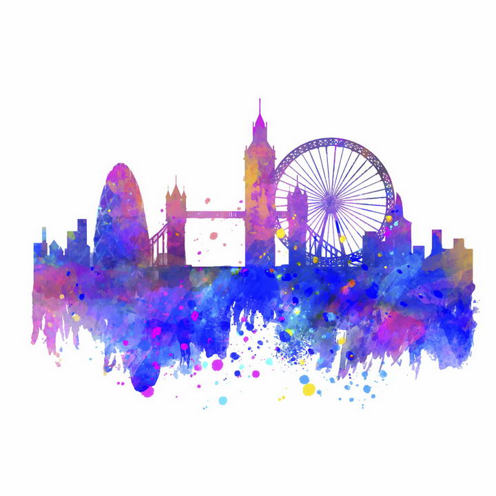彩色泼墨风格的英国伦敦城市建筑天际线剪影png图片免抠矢量素材 建筑装修-第1张