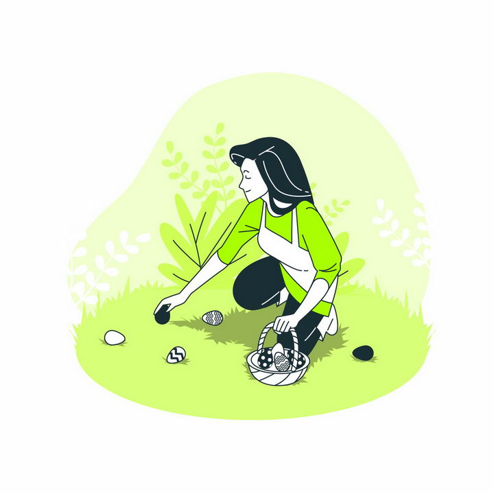 绿色扁平插画风格蹲地上采摘食物的女人png图片免抠矢量素材 生活素材-第1张