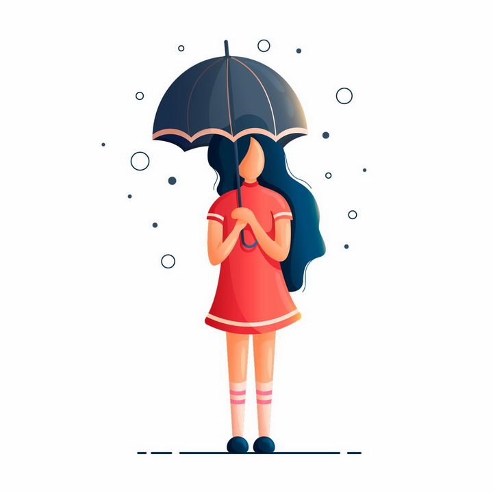 扁平插画风格打着雨伞的红裙子女孩png图片免抠矢量素材 人物素材-第1张