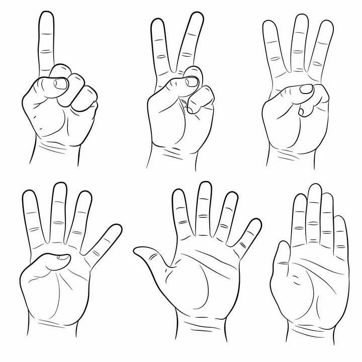6款一根两根三根四根五根手指手掌线条手势png图片免抠矢量素材