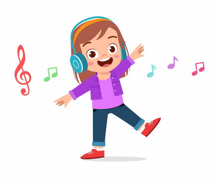 用耳机正在听音乐感到很快乐的卡通小女孩png图片免抠矢量素材 人物素材-第1张