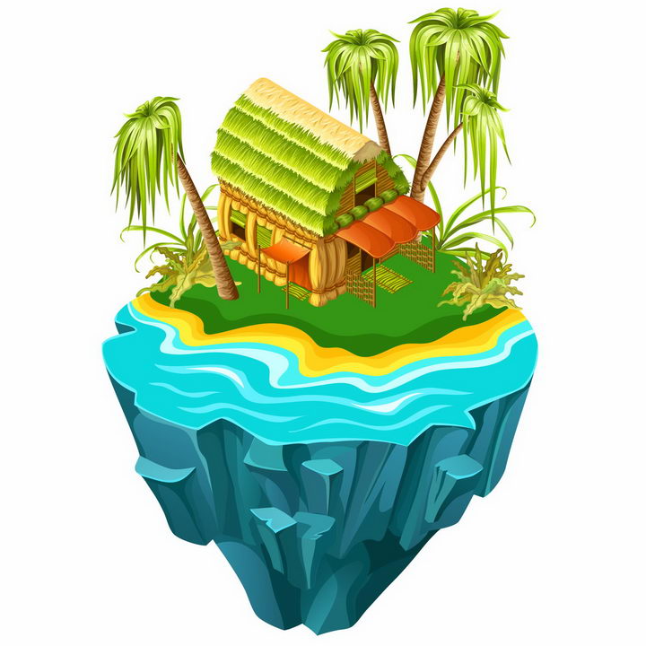 立体悬空岛悬浮岛上的热带海岛和草屋png图片免抠eps矢量素材 生物自然-第1张