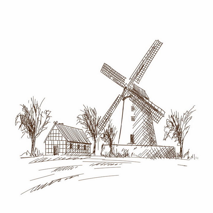 手绘素描风格乡村农舍和大风车风景图png图片免抠矢量素材