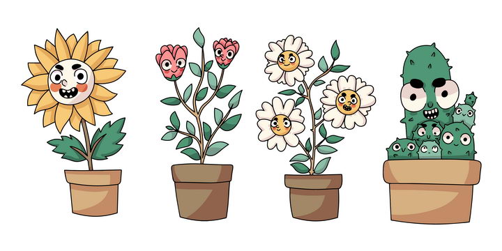 4款卡通向日葵菊花百合花仙人掌花盆等表情包图片免抠矢量素材 生物自然-第1张