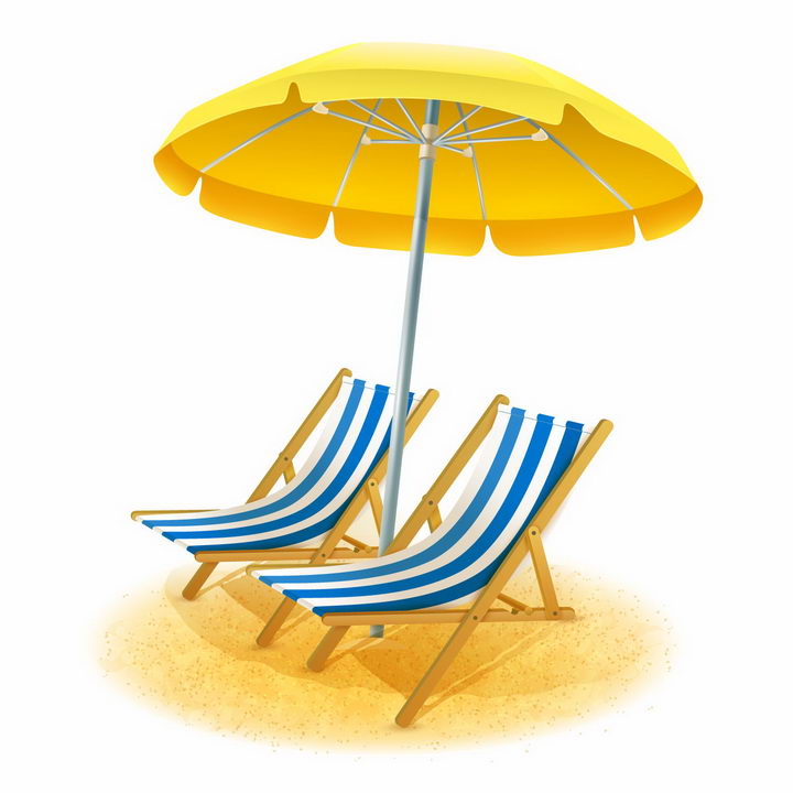 黄色遮阳伞和蓝白色沙滩躺椅海边旅游png图片免抠eps矢量素材 休闲娱乐-第1张