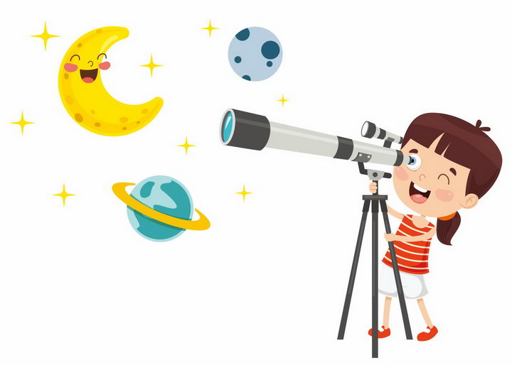 用天文望远镜看星星和月亮的卡通小女孩png图片免抠矢量素材 教育文化-第1张