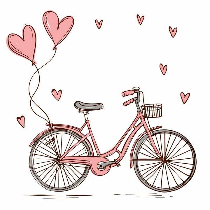 手绘风格粉色自行车和拴着的两个爱心红心心形气球图案png图片免抠eps矢量素材