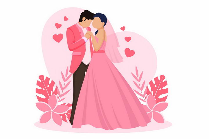 扁平化风格粉红婚纱和西装的结婚新娘新郎png图片免抠矢量素材 人物素材-第1张