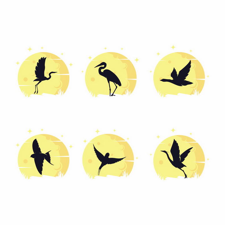 6款黄色月亮背景仙鹤大雁燕子等鸟类剪影png图片免抠矢量素材 生物自然-第1张