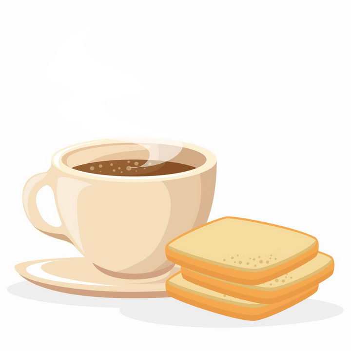 扁平化风格冒着热气的咖啡杯和面包片西餐美食png图片免抠矢量素材