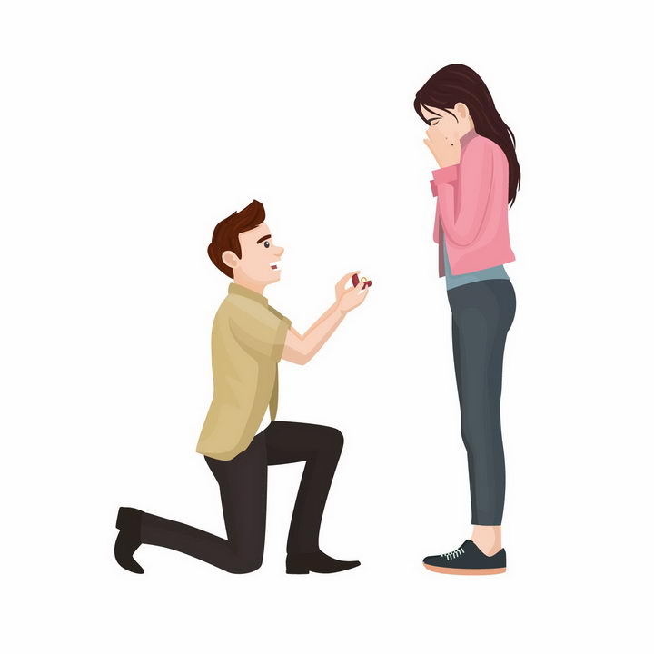 卡通男人单膝下跪拿着打开的戒指盒向女朋友求婚png图片免抠矢量素材 人物素材-第1张