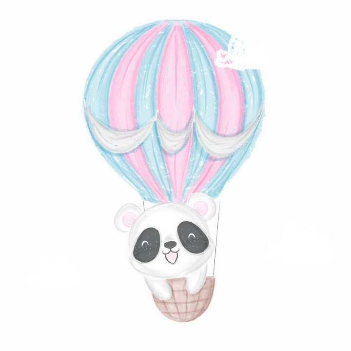 彩绘涂鸦风格可爱的乘坐热气球的卡通熊猫png图片免抠矢量素材