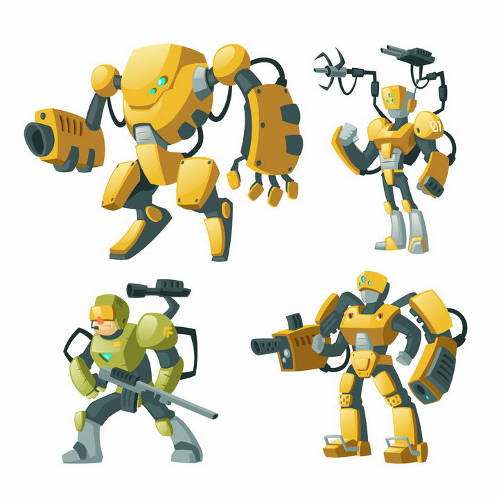 4款卡通漫画风格黄色的武装战斗机器人图片png免抠素材 军事科幻-第1张