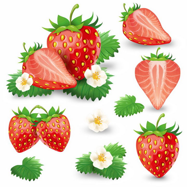 各种草莓横切面和草莓叶子花美味水果png图片免抠eps矢量素材 设计盒子