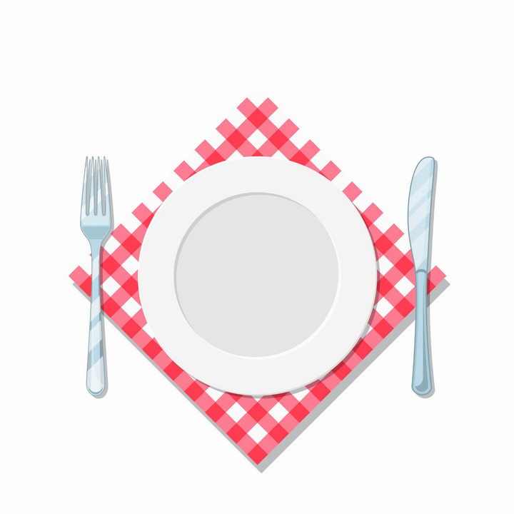 俯视视角的空白盘子瓷器和刀叉西餐用具放在格子布餐布上png图片免抠矢量素材 生活素材-第1张