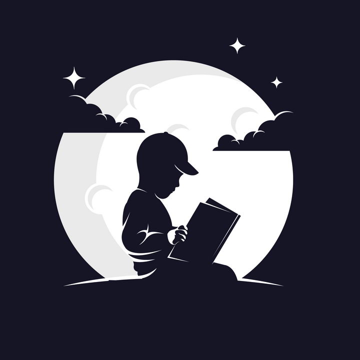 灰白色月亮背景前坐在地上看书阅读的小男孩剪影logo设计方案png图片