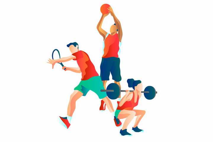 扁平插画风格打网球篮球和举重等体育运动png图片免抠矢量素材