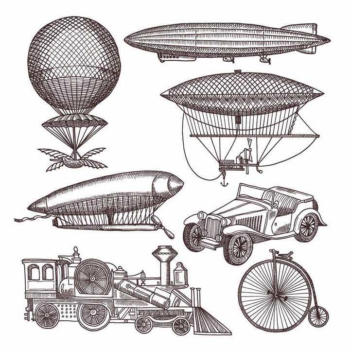 各种手绘素描风格19世纪的热气球飞艇火车汽车等png图片免抠矢量素材