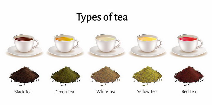 5款黑茶绿茶白茶黄茶红茶等美味茶叶饮料png图片免抠eps矢量素材 生活素材-第1张