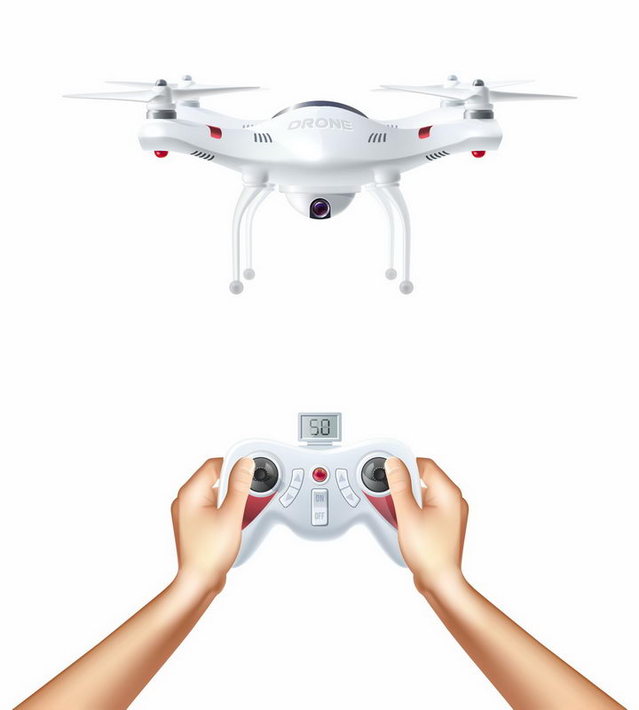 正在用遥控器操作的白色四轴无人机带摄像头的遥控飞行器png图片免抠矢量素材 IT科技-第1张