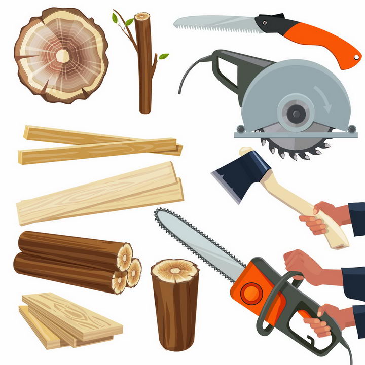 木桩木材年轮木板电锯电链锯伐木锯斧头等伐木工具png图片免抠矢量素材 工业农业-第1张