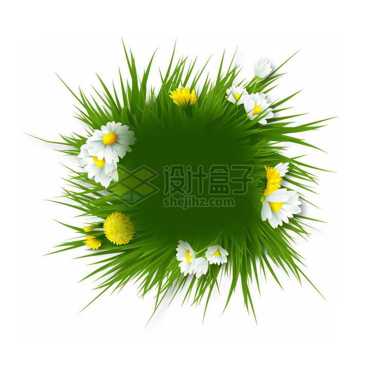 绿色青草和白色黄色的花朵组成的春天文本框标题框png图片免抠素材