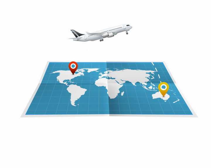 展开的世界地图和上面的白色飞机世界旅游png图片免抠矢量素材