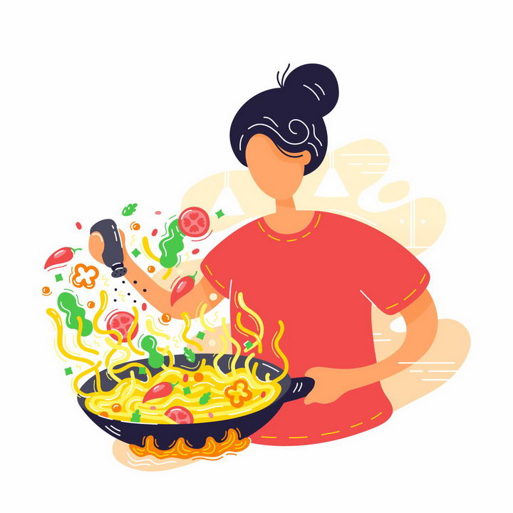 扁平插画风格正在煮面做饭的女孩png图片免抠矢量素材 生活素材-第1张