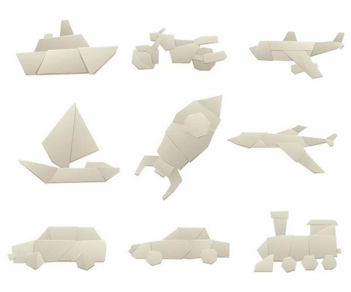 各种折纸小船摩托飞机帆船火箭飞机汽车火车等png图片免抠矢量素材
