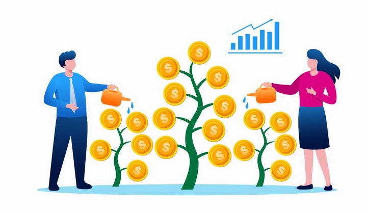 扁平插画风格正在给金币树浇水的商务人士象征了投资和收益png图片免抠矢量素材 金融理财-第1张
