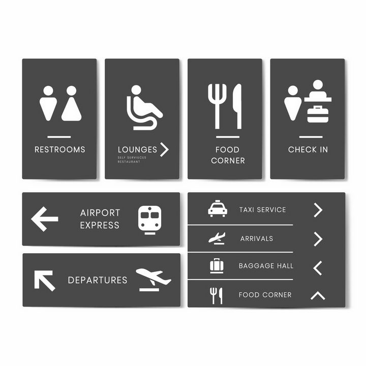 深灰色背景公共厕所候机室餐饮行李托运地铁登机口等机场服务标志指示牌png图片免抠矢量素材 交通运输-第1张