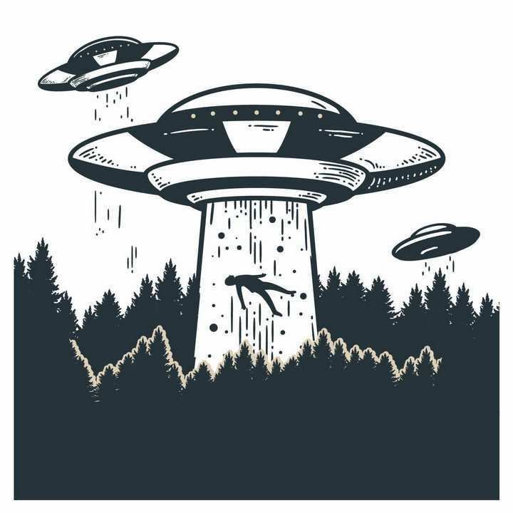 手绘插画风格不明飞行物UFO飞碟绑架了一个人事件png图片免抠矢量素材