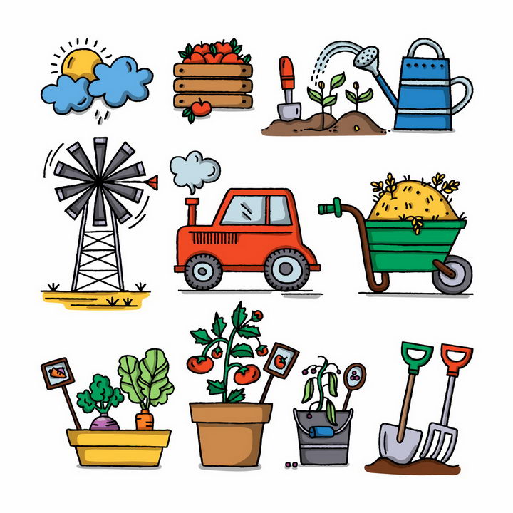 手绘卡通风格农场风车浇水拖拉机等种植工具png图片免抠素材 生活素材-第1张
